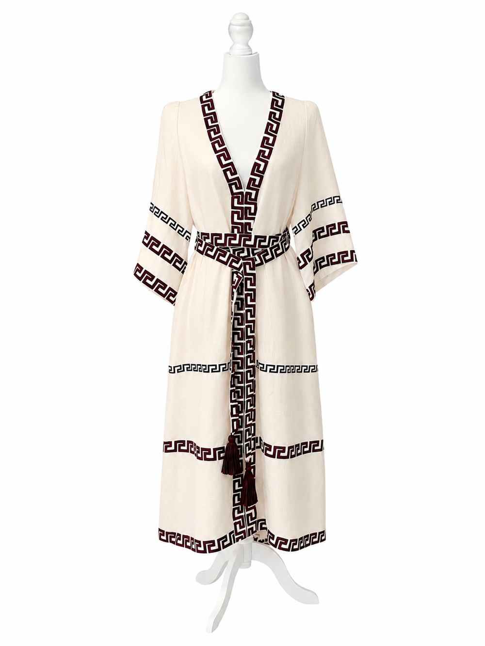 Handmade Linen Kaftan Dress Greek Key Embroidered Boho Resort